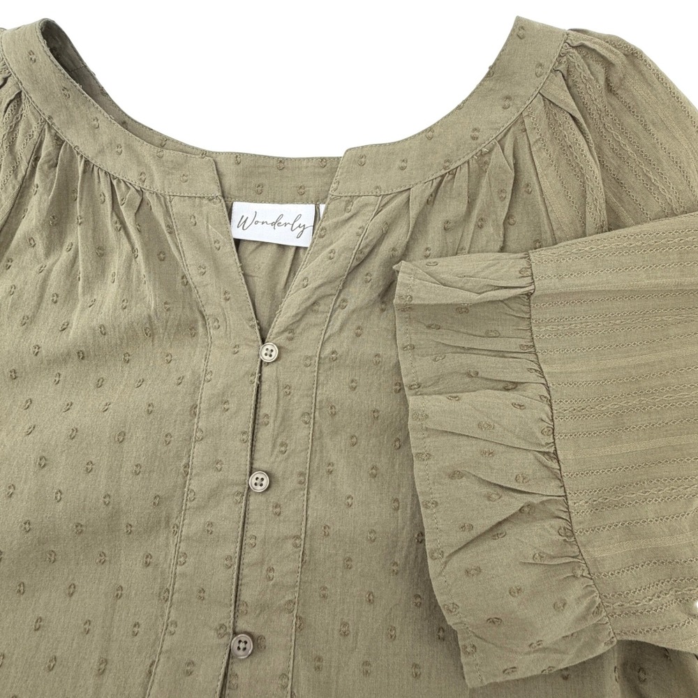 Wonderly Blouse Women Large Olive Green Excellent Swiss Dot Tiered Boho Top